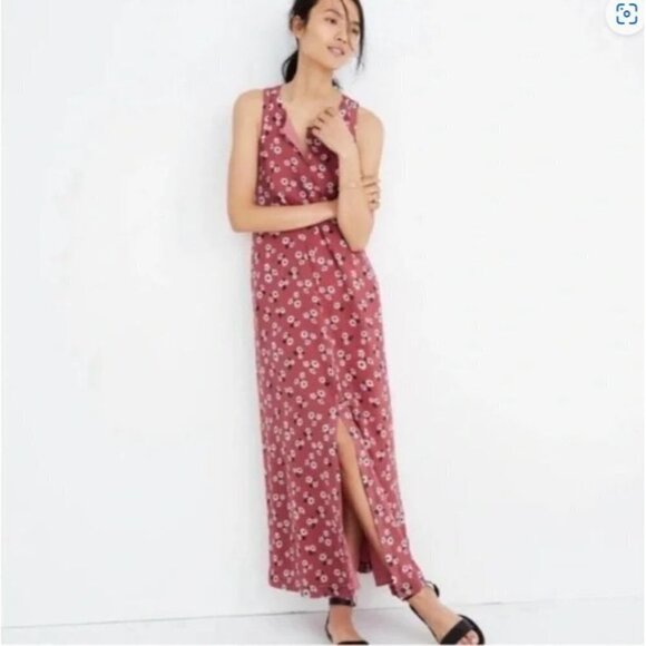 Madewell Maxi‎ Dress Tie Waist Slit Flowy Floral Daisy Sleeveless Pink Mauve XXS - Picture 3 of 14
